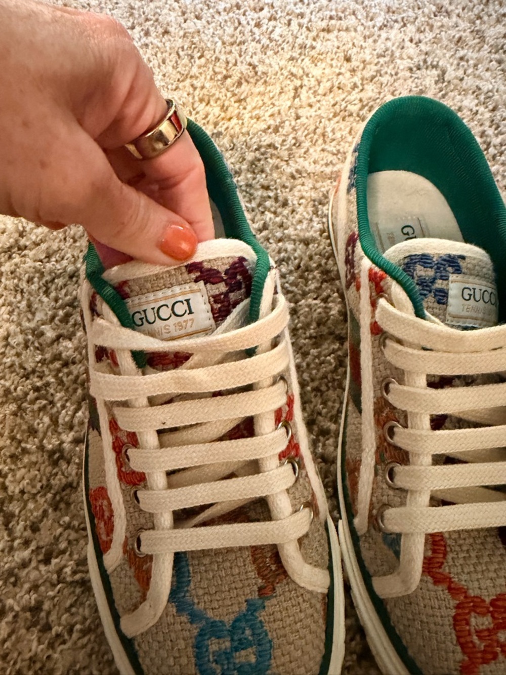 Gucci Womens Multicolor GG Canvas Tennis Sneakers with Green Stripe - Picture 3 of 6